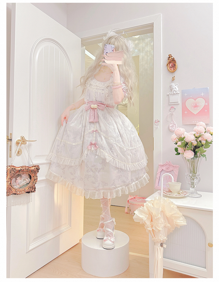 White and Pink Bow Accents Sweet High Block Heel Mary Janes Ankle Strap