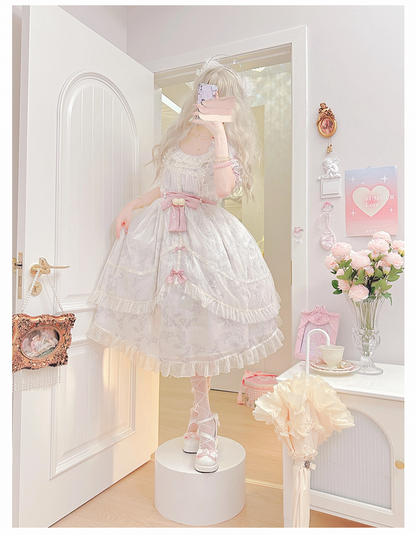 White and Pink Bow Accents Sweet High Block Heel Mary Janes Ankle Strap