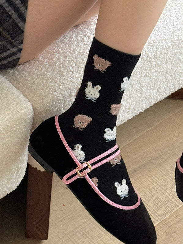 Milk White/Light Pink/Light Coffee/Black Sweet Bunny Bear Bowknot Calf Socks