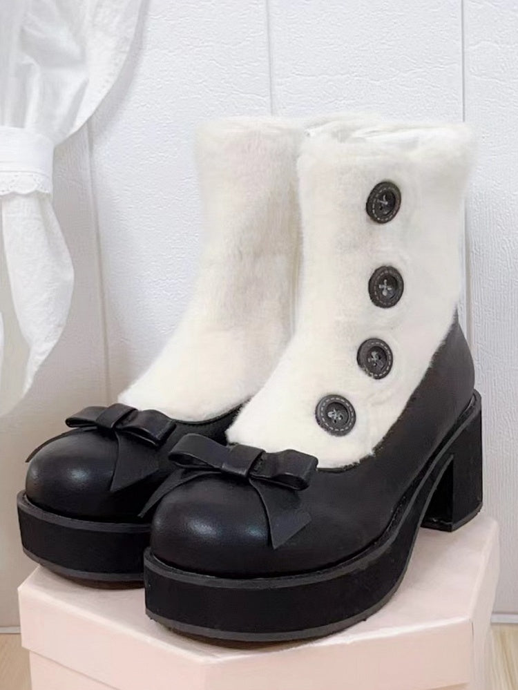 Fleece Lining with Button Embellishments & Functional Inner Zip Design 4cm/6cm Black & White Winter Boots in Elegant Lolita