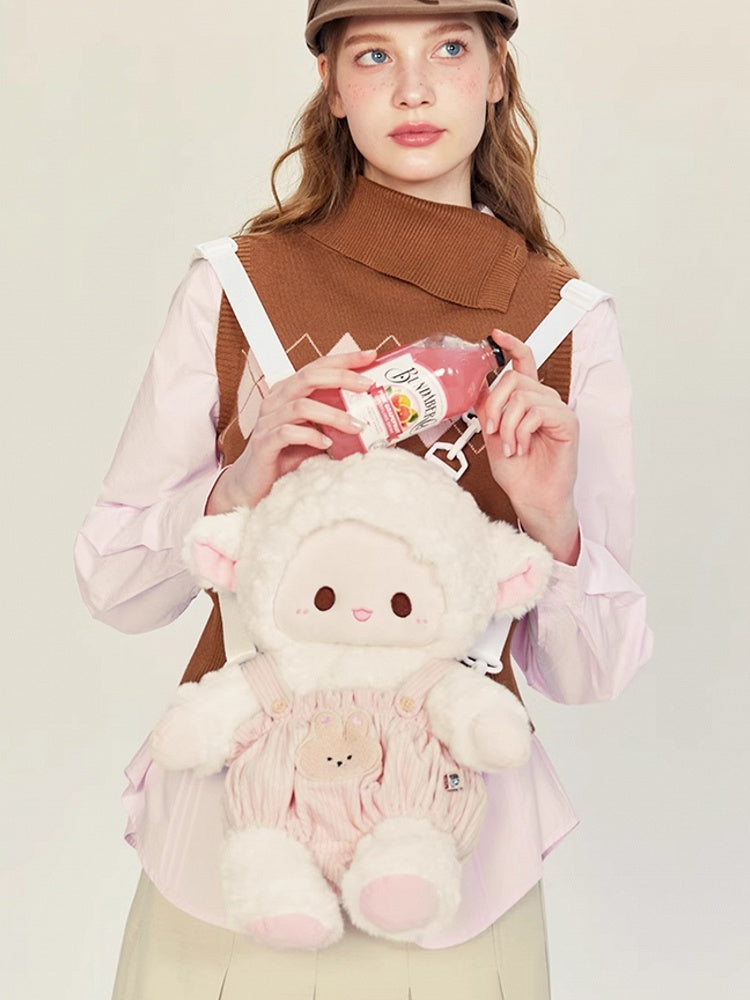 White&Pink Cute Plush Lamb Backpack + Overall Pants Middle/Large Size