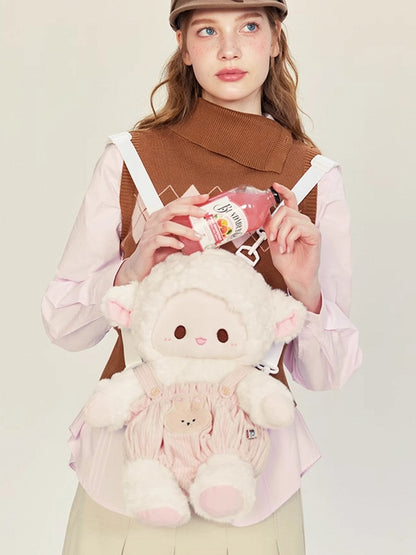White&Pink Cute Plush Lamb Backpack + Overall Pants Middle/Large Size