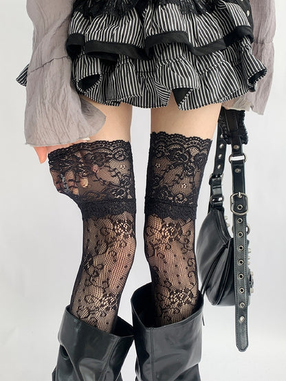 Gray/White/Brown/Blue/Black Lace Trim Hollow-out Design Over-knee Stockings