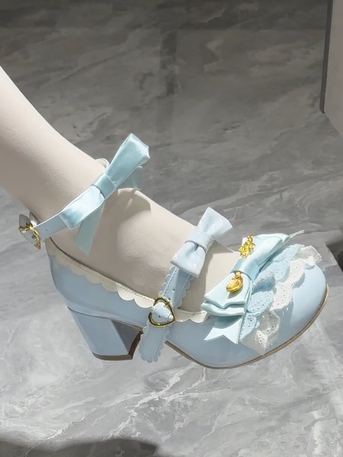 Blue Spoon Decorated Bowknot Details Sweet Lolita High Block Heels