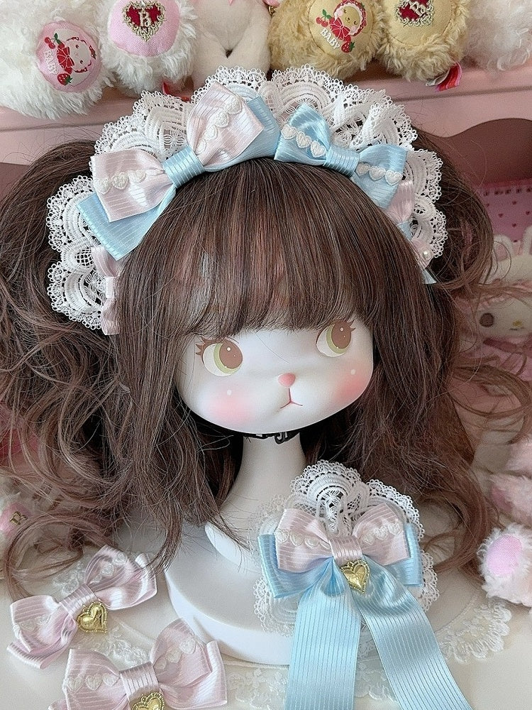 White&Blue Heart Decorated Bowknot Details Lace Trim KC