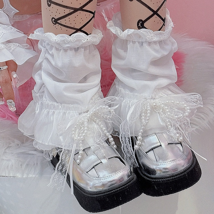 White Y2K Beaded Bowknot Decorated Lace Trim Leg Sleeves