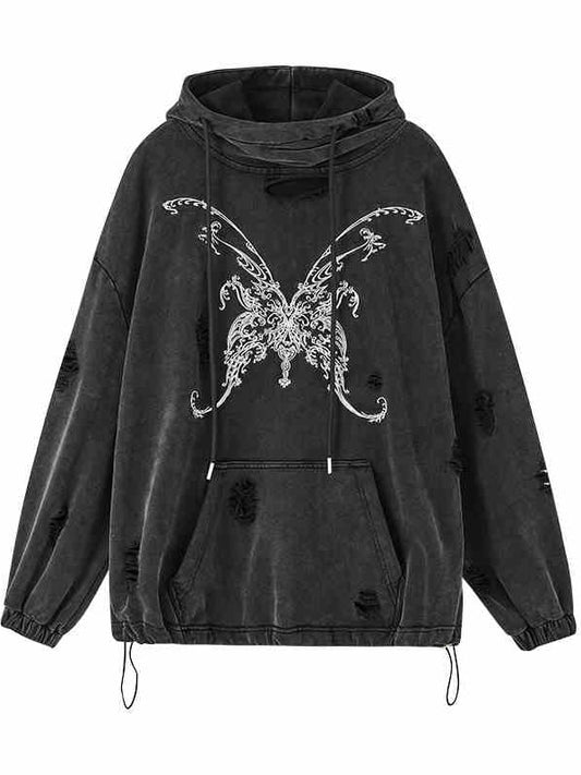 Butterfly Embroidery Black Distressed Holes Punk Hoodie