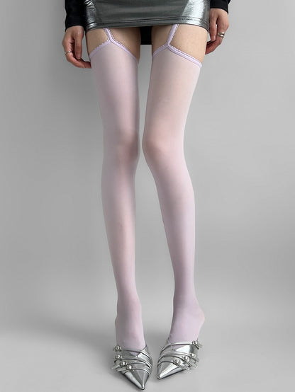White/Purple/Gray/Black Lace Trim Suspender Stockings