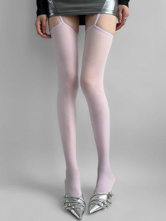 White/Purple/Gray/Black Lace Trim Suspender Stockings