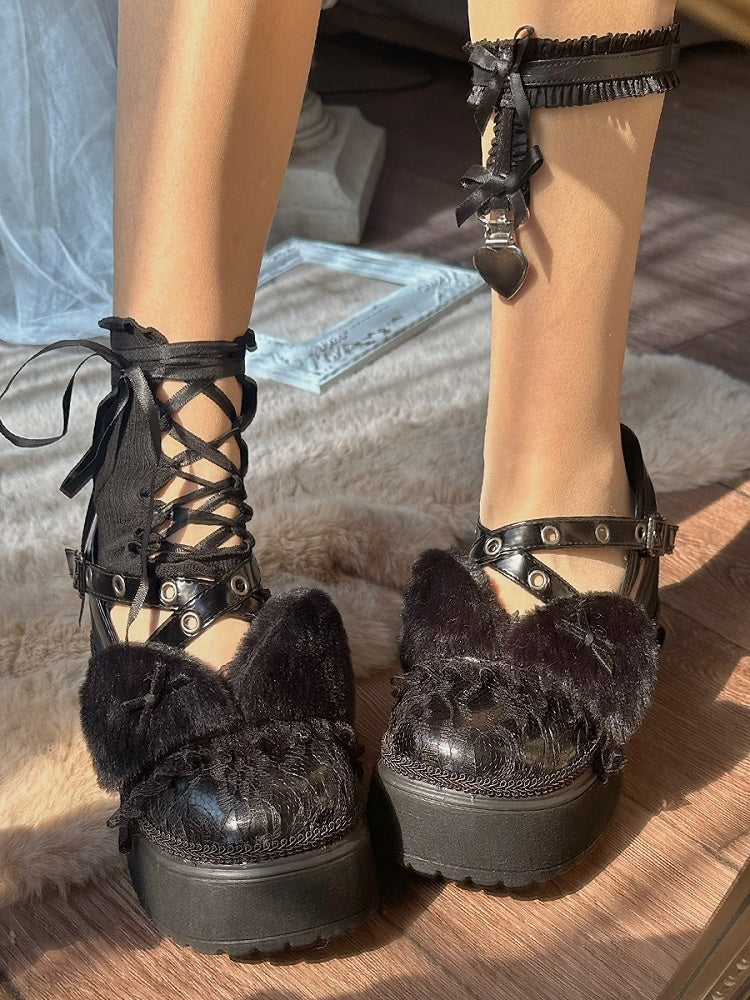 Black Plush Kitty Ear Lace Platform Mary Janes
