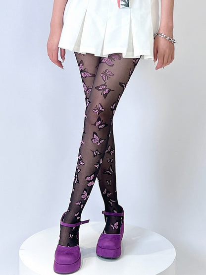 Black Y2K Butterfly Embroidered Tights