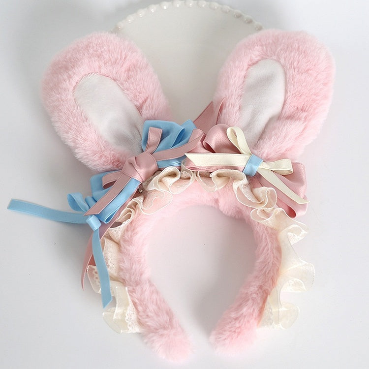 Cute Lolita Pink & Blue Bowknot Details KC with Pink Plush Bunny Ears