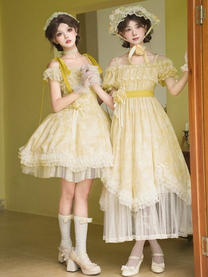 Light Yellow High Waist Mesh Panels Scalloped Edge Hem Dress Lolita OP Full Set
