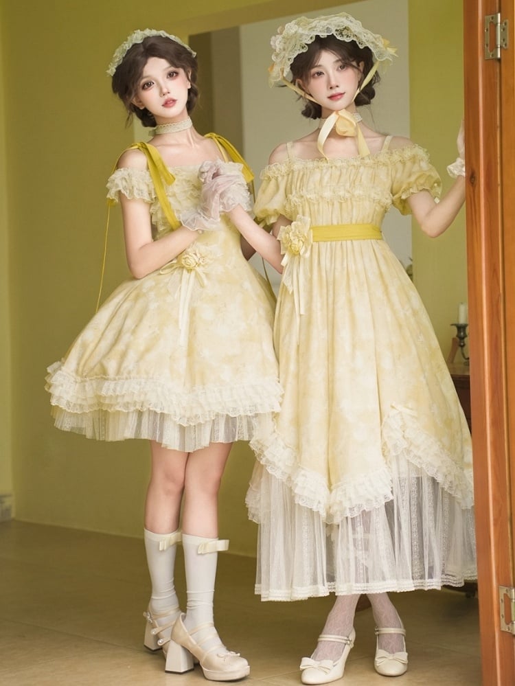 Butterfly and Bows Print Light Yellow Versatile Neckline High Waist Lolita Dress