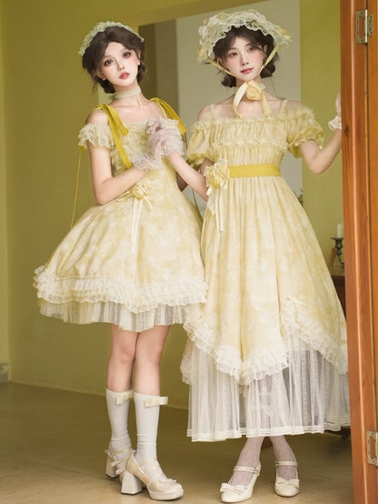 Butterfly and Bows Print Light Yellow Versatile Neckline High Waist Lolita Dress