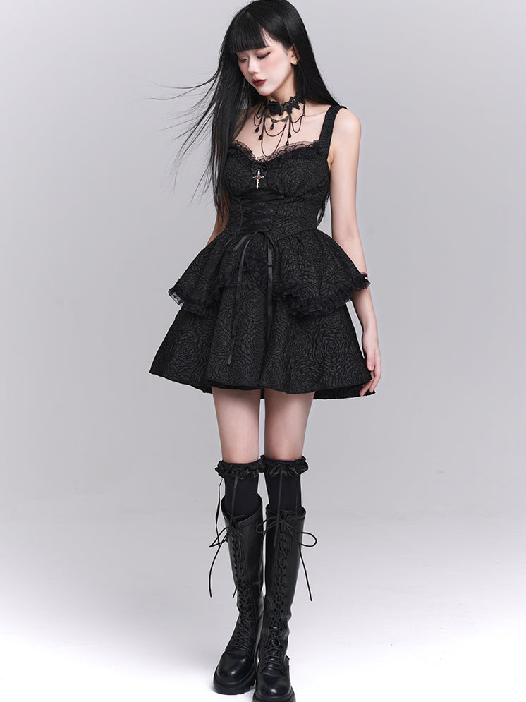 Black Sweetheart Neckline Lace-up Front Tiered Skirt Gothic Sleeveless Dress