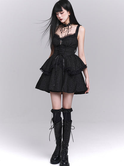 Black Sweetheart Neckline Lace-up Front Tiered Skirt Gothic Sleeveless Dress
