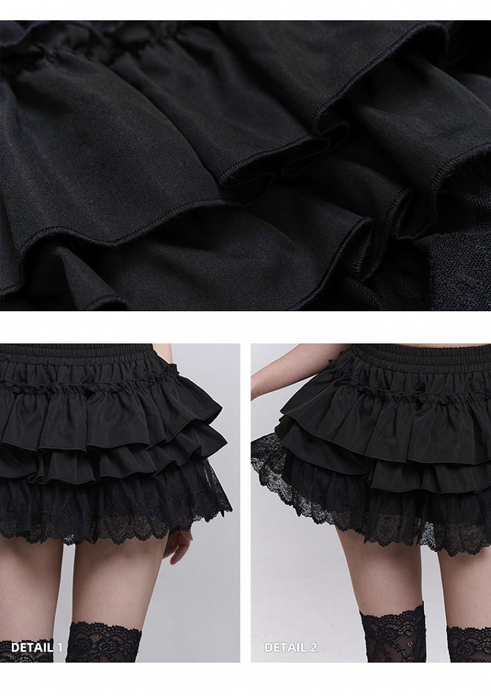 Black Elastic Waist Lace Trim Mini Tiered Skirt Bloomers Lining