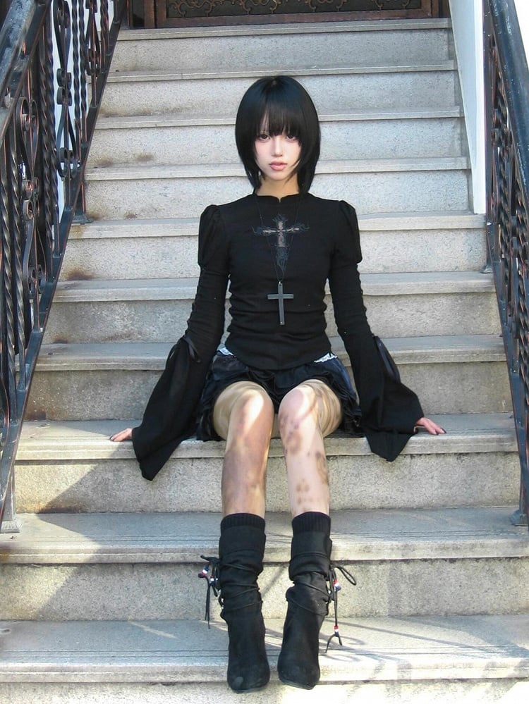 Black Bell Sleeves Top with Embroidered Cross Applique & Side Lace-up