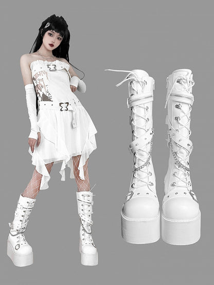 Studs Chains Metal Punk Matte White Platform Boots
