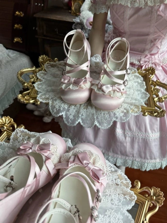 Sweet Lolita Satin Pink Wedge Heels - Bow Accents with Lace Trim & Crisscross Straps