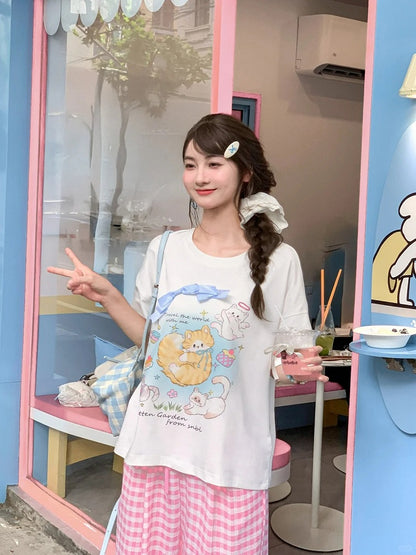 Adorable Cat Print White Round Neck T-shirt Long/Short Version