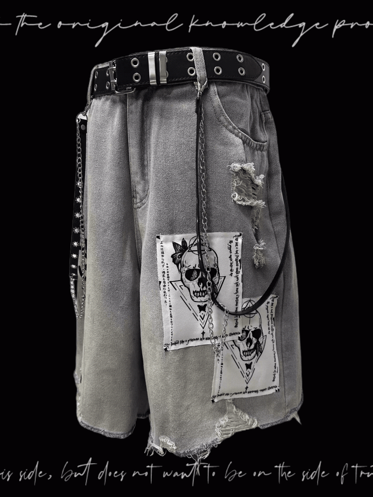 Light Blue Skeleton Appliques Distressed Holes Wasteland Punk Wide-Leg Jeans