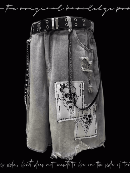 Light Blue Skeleton Appliques Distressed Holes Wasteland Punk Wide-Leg Jeans