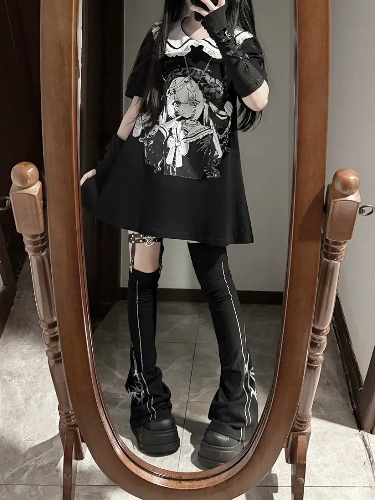 Anime Girl Print Peter Pan Collar Black Jirai Kei T-shirt