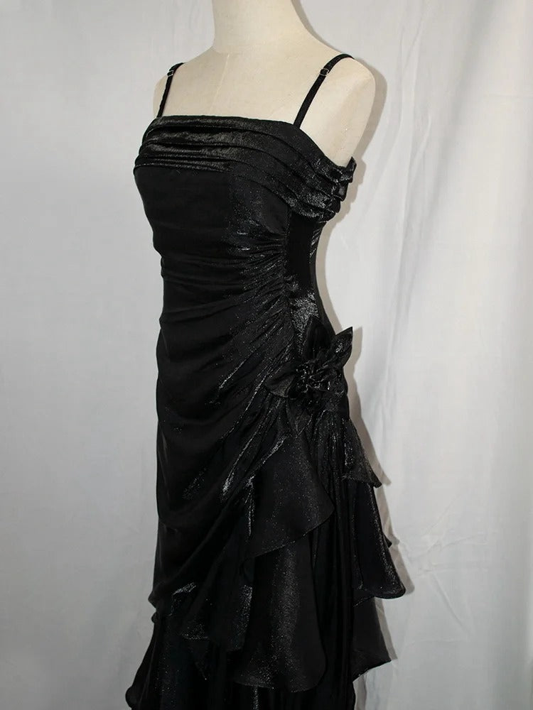 Black Vintage Floral Dress Asymmetrical Hem Prom Gown