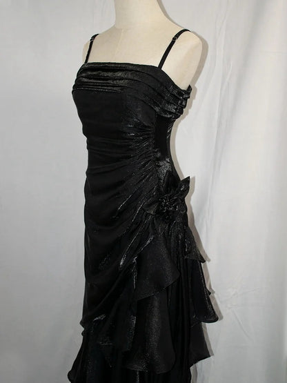 Black Vintage Floral Dress Asymmetrical Hem Prom Gown