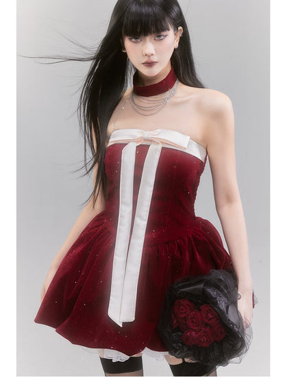 Red Off-the-shoulder Neckline Big Bow Sequins Puffy Dress