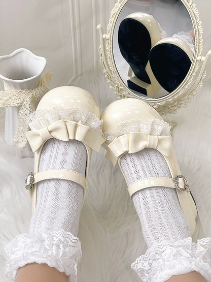 Lace Details & Bow Accents PU Beige Round Toe Shoes in Sweet Lolita
