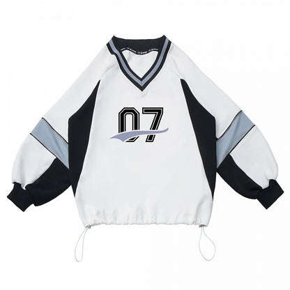White V-Neck Regular/Back Bow Baseball-Style Sweatshirt with Front Numeric Design