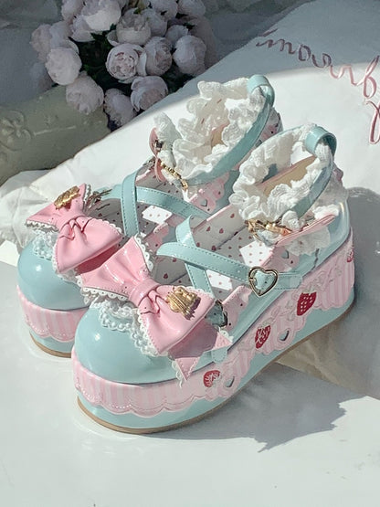Sweet Green Lolita Platforms - PU Leather with Strawberry Elements, Striped Scalloped Trim & Pink Bow Accents