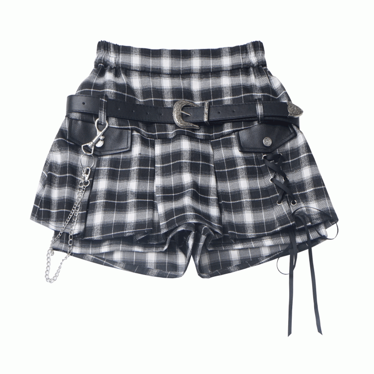 Y2K Lace-up Detail Black & White/ Khaki Plaid Skort with Buckle Belt and Chain