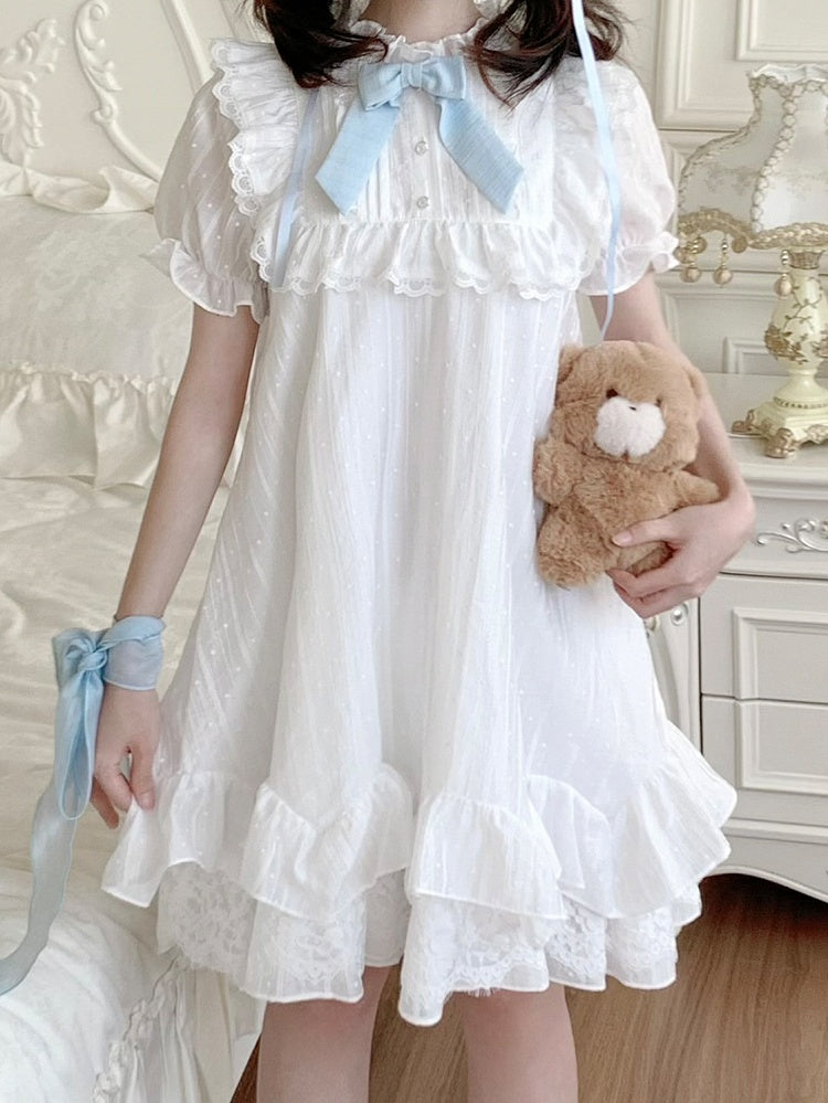 White Ruffle Neckline Lace Trim Puff Sleeves Dress with Blue Bowtie and Waist Belt