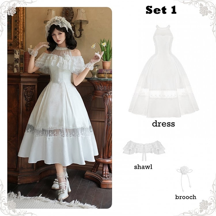 White Illusion Halter Neck Rosette Jacquard Fabric Elegant Dress Full Set