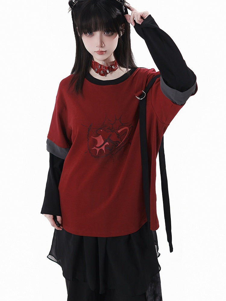 Red and Black Cheongsam Style Graphic Top with Detachable Sleeves