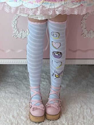 Pink/Yellow/Blue/Purple Unicorn Donut Print Striped Pattern Lolita Over Knee Stockings