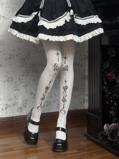 Butterfly and Candelabra Print Gothic Lolita White Tights