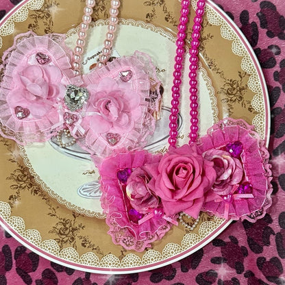 Light/Dark Pink Rhinestone Decorated Lace Trim Bowknot Pendant Beaded Necklace