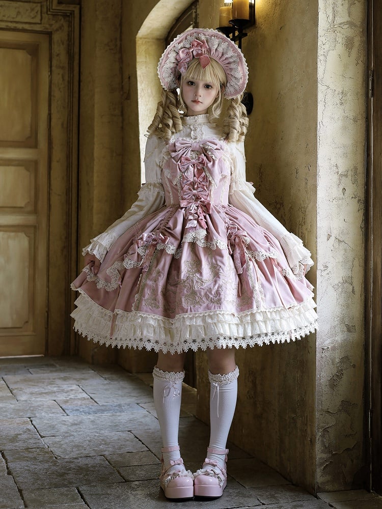 Bows Decoration Candle Embroidery Pink Velvet Dress Lolita JSK / Set