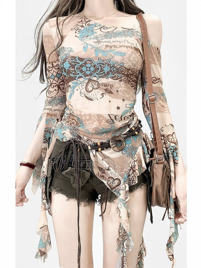 Khaki Asymmetrical Neckline Print Design Cascading Ruffle Accents Long Sleeves Top