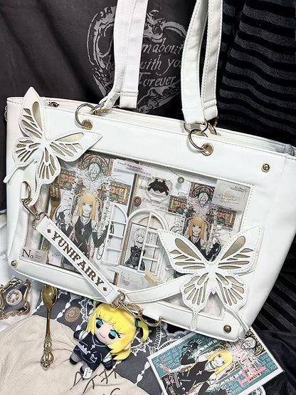 Gold Detachable Butterfly Spiderweb Detail White Ita Shoulder Bag