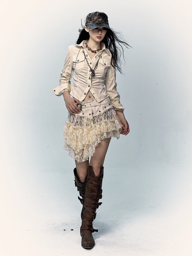 Beige Lace Asymmetrical Hem Skirt with Distressed Trim and Buckle Detail