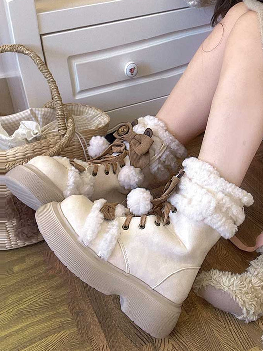 Cozy Fleece Lining with Adorable Bear Ears & Bow Embellishments Platform PU Off-white Boots in Sweet Lolita