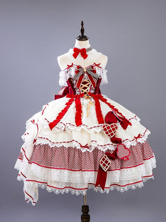 Red Queen Hime Lolita Red Bow Accents Boned Corset Top + Tiered Skirt