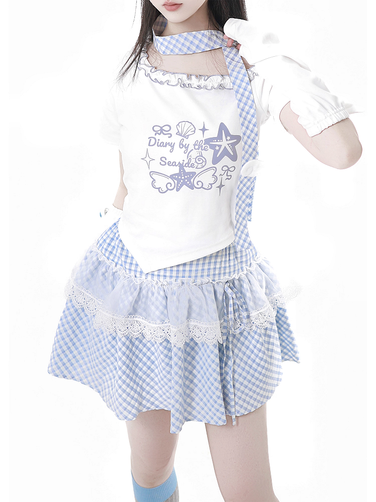 Pink/Baby Blue Plaid Lace Trim Skirt