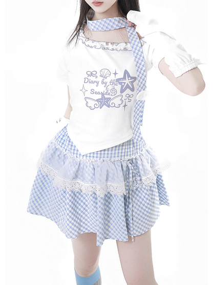 Pink/Baby Blue Starfish and Seashell Print Ruffled Asymmetrical Neckline T-shirt with Plaid Scarf
